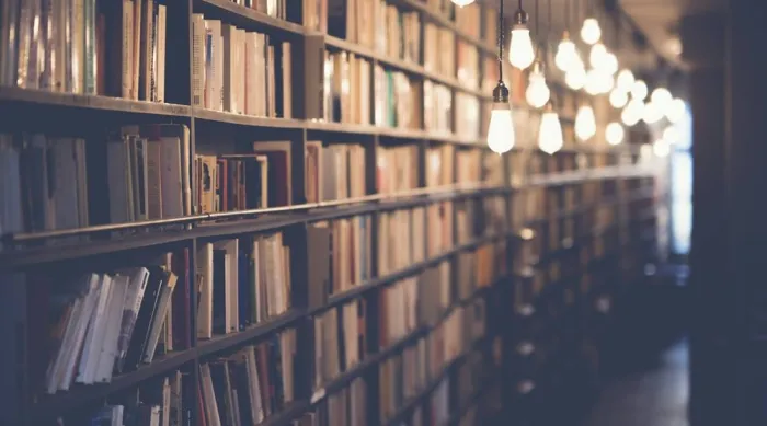 A long library corridor lined with full bookshelves under warm hanging lights