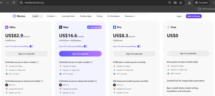 Monica AI pricing page showing month-to-month prices: Ultra US$99.9, Max US$24.9, Pro US$9.9, Free US$0